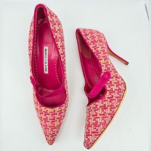 Manolo Blahnik Pink multicolor Tweed Suede Mary Jane Pumps Heels EU 40